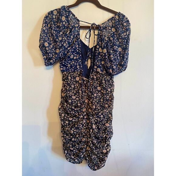 Free People Tessa Mini Dress Ruched Black Navy Blue Floral size small - Picture 9 of 10